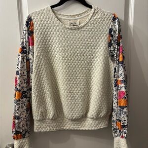 Anthropologie Cream Textured Sweatshirt with Floral Sleeves